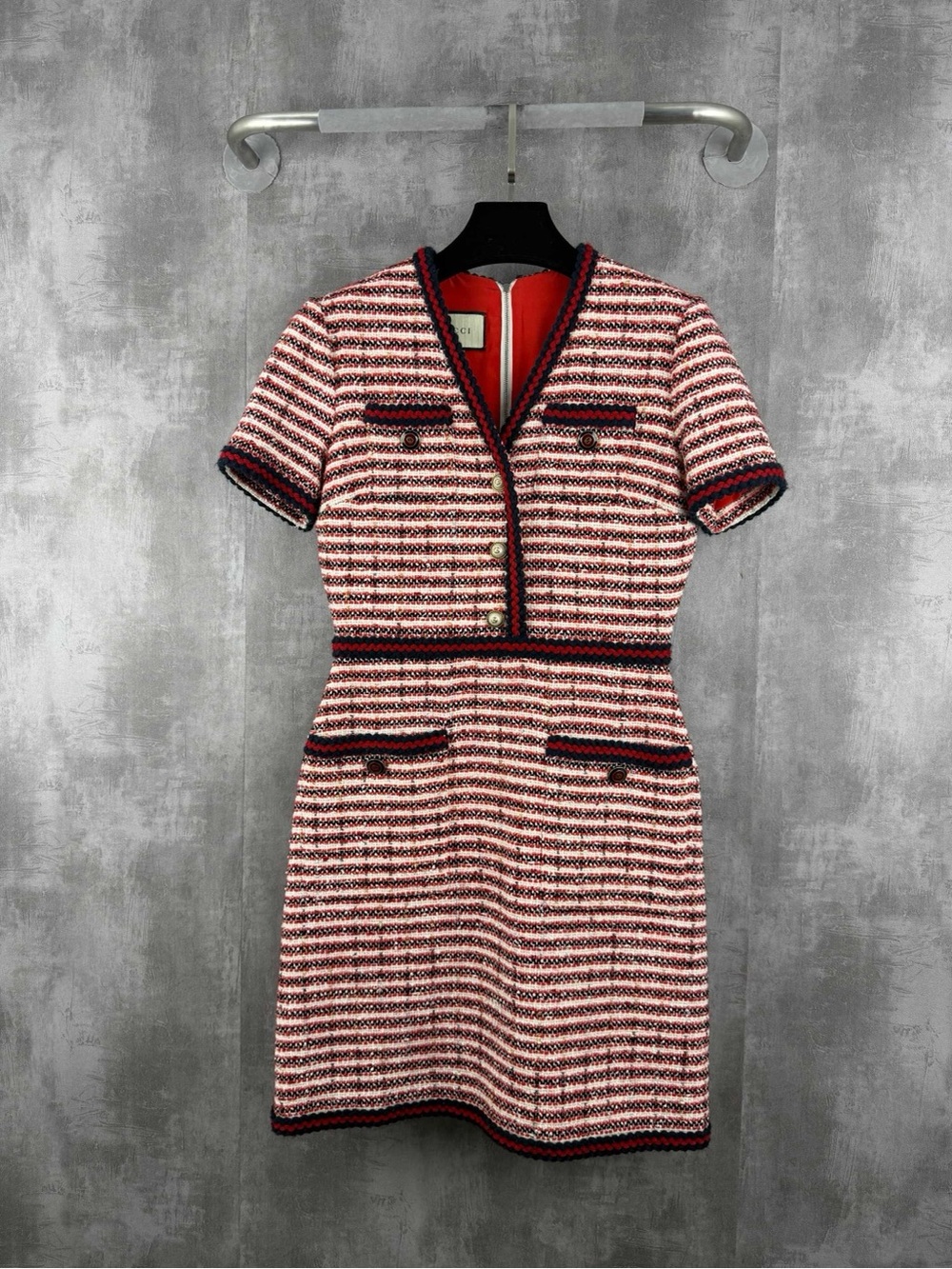 Gucci Striped Tweed Mini Dress in Red, Black, and Cream
